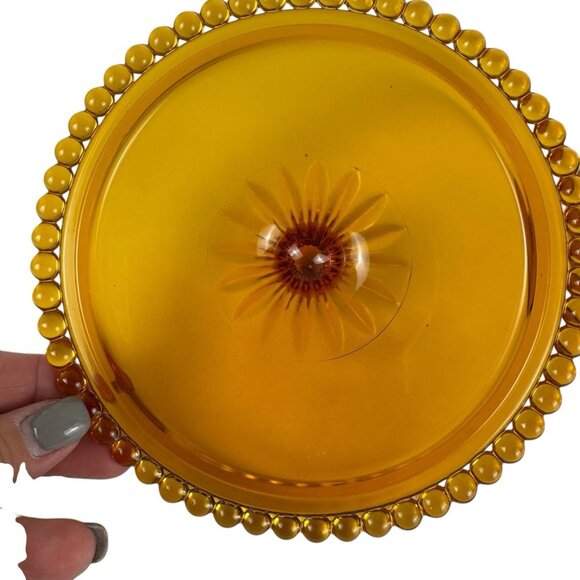 Indiana Glass Amber Vintage 60s Retro Beaded Edge Compote Lid Covered Candy Dish - Picture 4 of 11